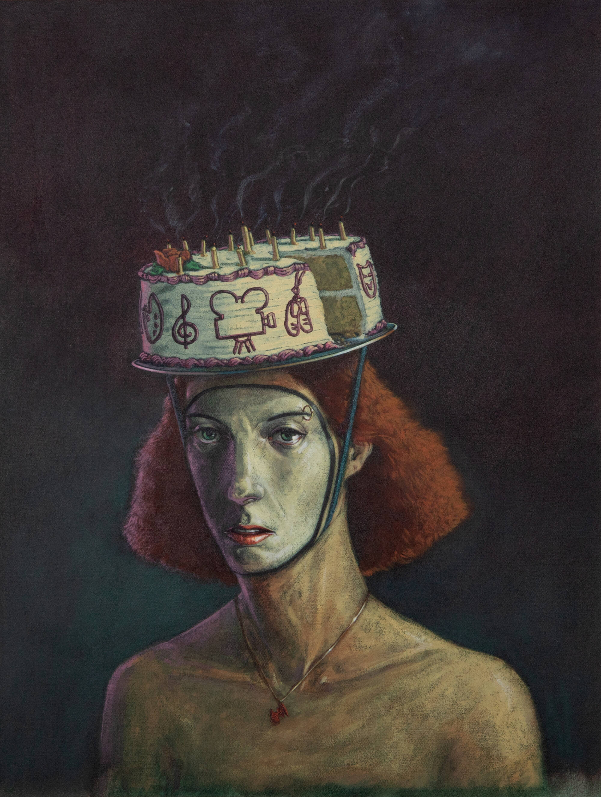 Painting of a figure with red hair, and white painted face like a clown. They also wear a white cake with recently blow-out candles on their head.